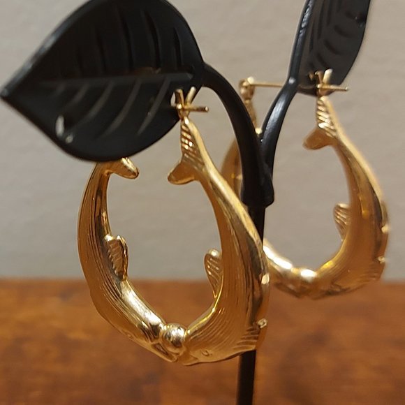 14K Gold Fish Hoop Earrings - Picture 3 of 7